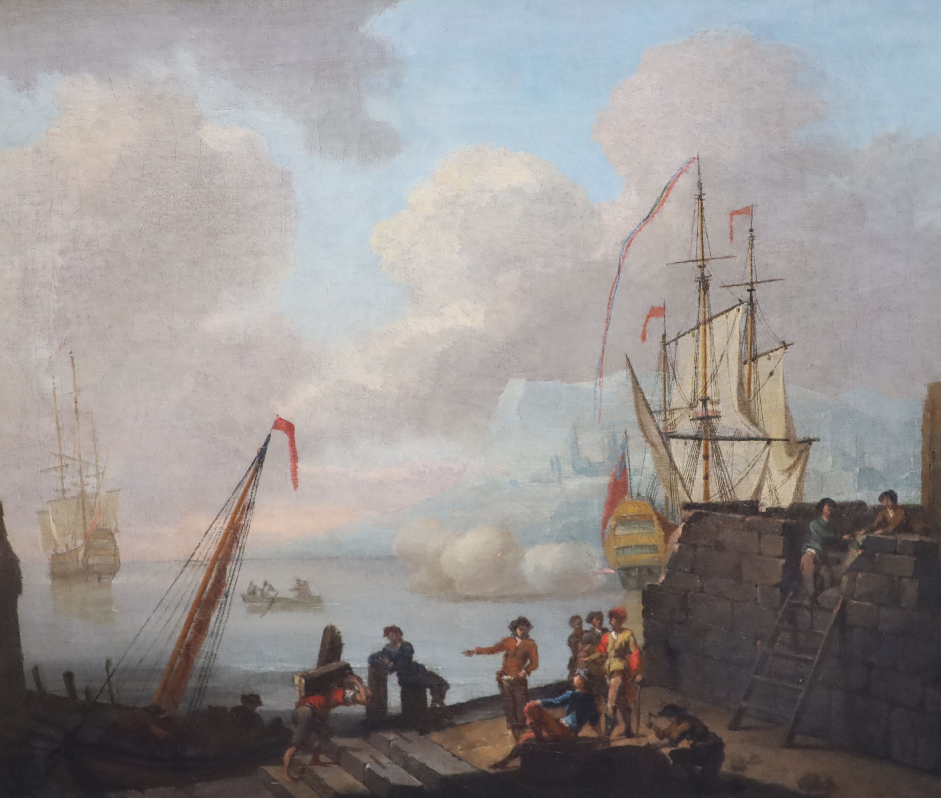 Follower of Joseph Vernet (1714-1789) Harbour scenes with warships firing salutes 13 x 15.75in.